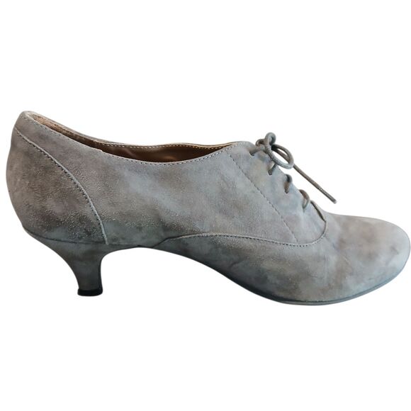 Andre' French Gray Suede Leather Sz 9 US Oxford Lace Heels Bootie Pump Dance - Picture 7 of 10